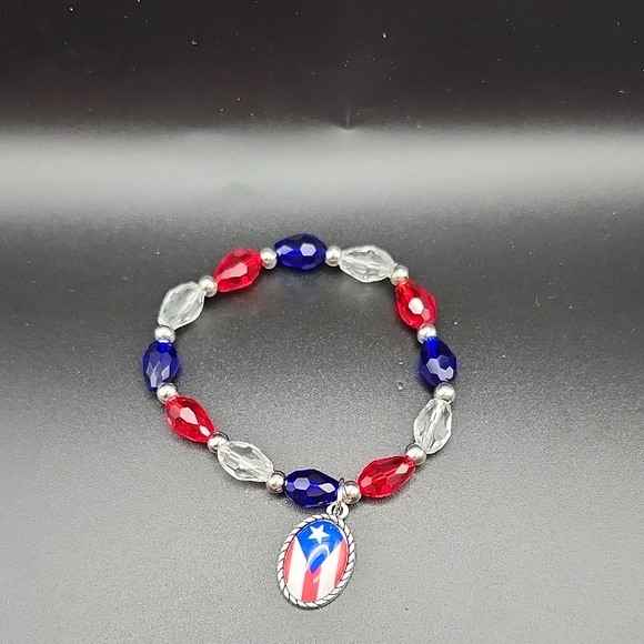 Jewelry - Puerto Rico Red, Blue, and Silver Beaded Bracelet